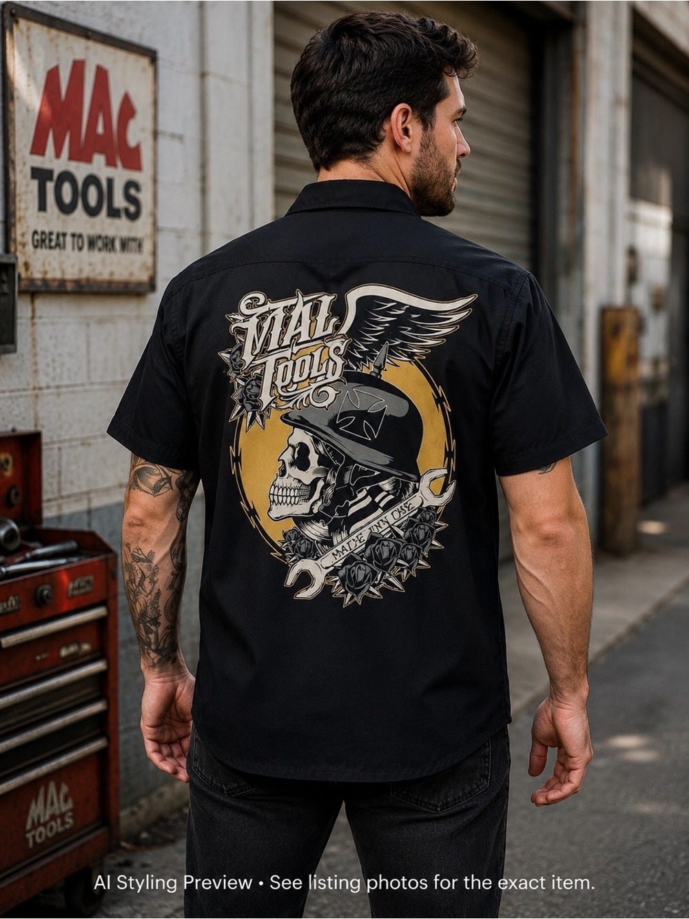 Mac Tools Mechanic Shop Shirt Men’s L Black Skull Wings Button Up Workwear